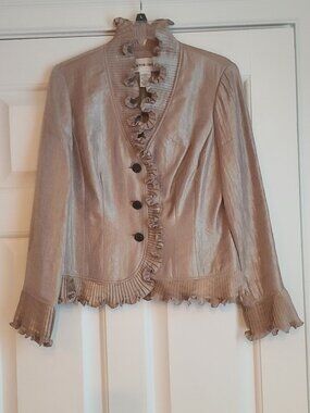 Victor Costa Sz 6 Ruffled Taupe Top Metallic 3-Button Long Sleeve Lined Rayon